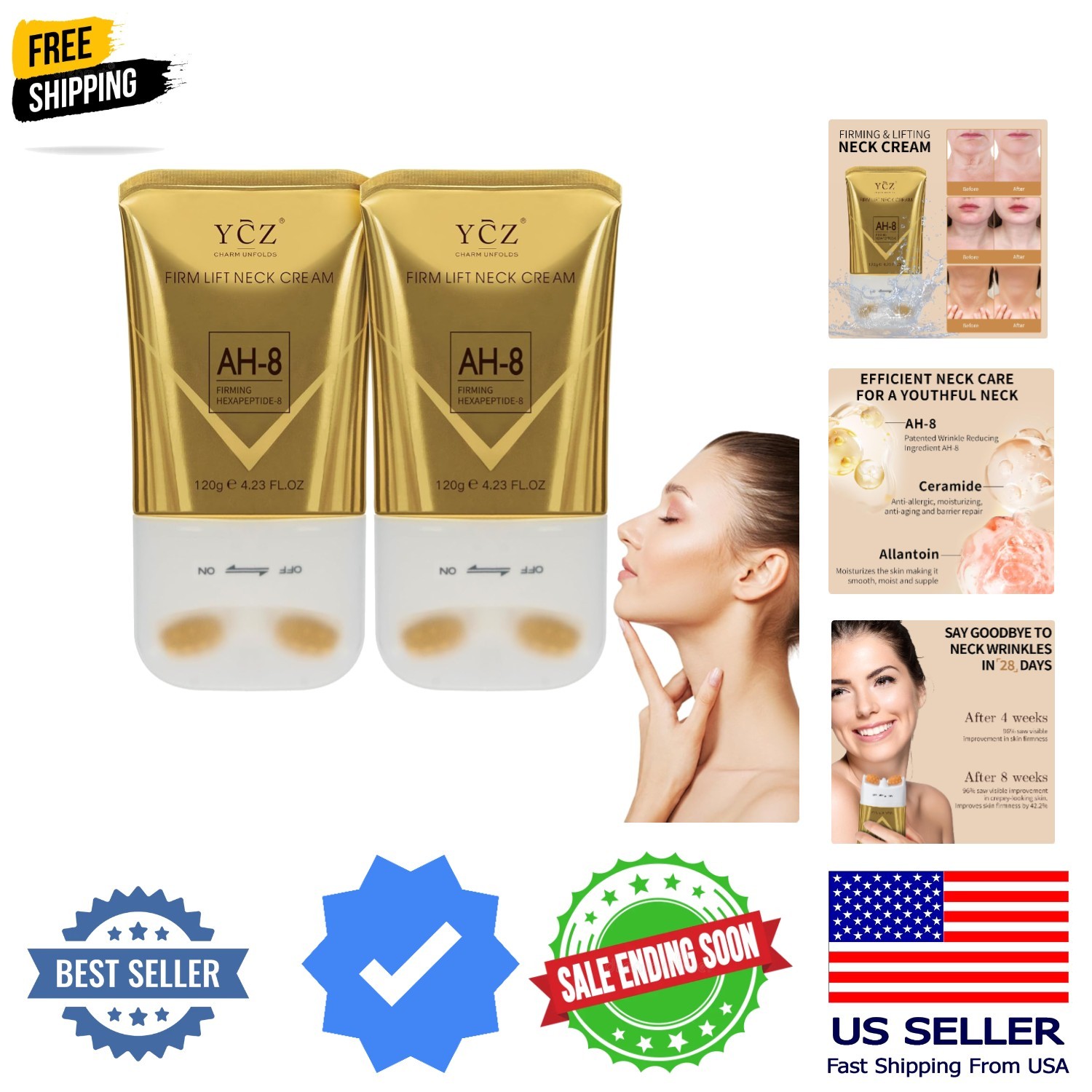 AH-8 Neck Firming Cream with Roller for Crepey Skin Body Care Comfort, Moistu…