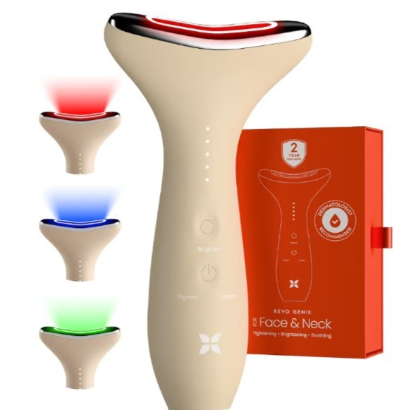 -Open Box- REVO Genie Face & Neck Beauty Massager LEDs Anti Wrinkle