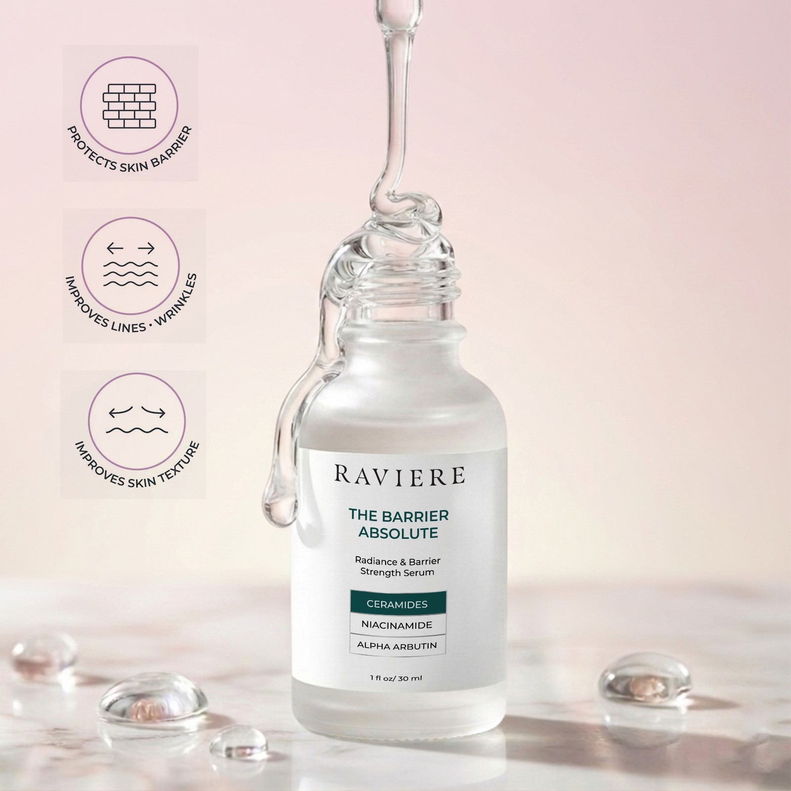 Raviere Face Serum Niacinamide, Alpha Arbutin, Ceramides for Glow & Hydration
