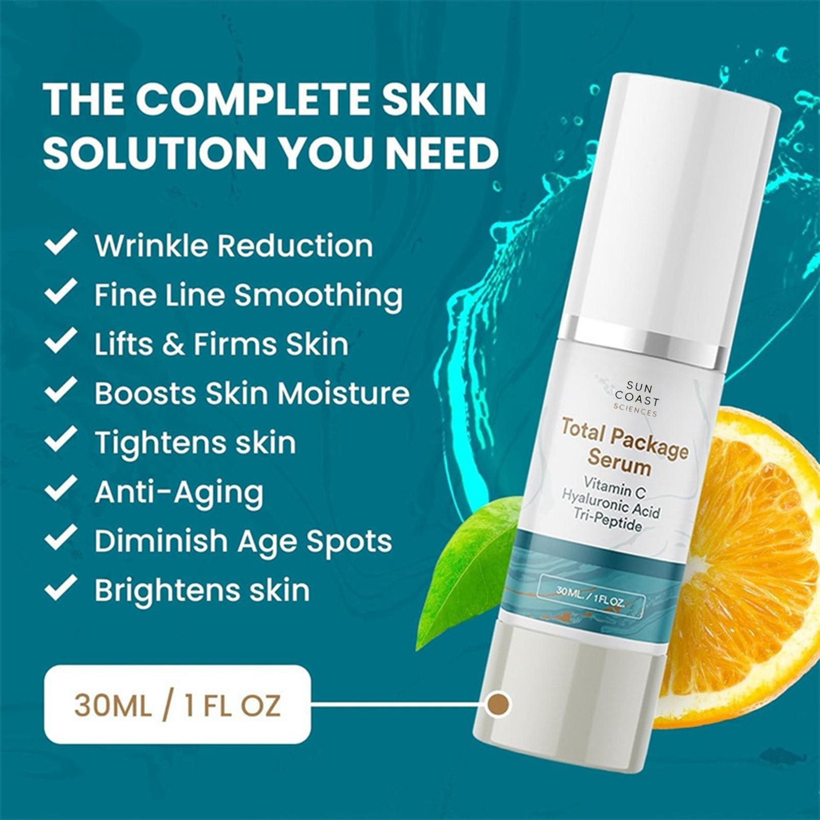 3- Sun Coast Sciences TOTAL PACKAGE SERUM 1oz Vitamin C Hyaluronic Acid