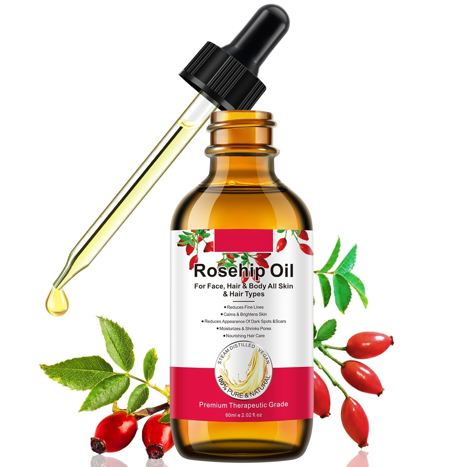 Rosehip Oil for Face, Rose Hip Oil Organic Rosehip Seed Oil 100% Pure Cold Press