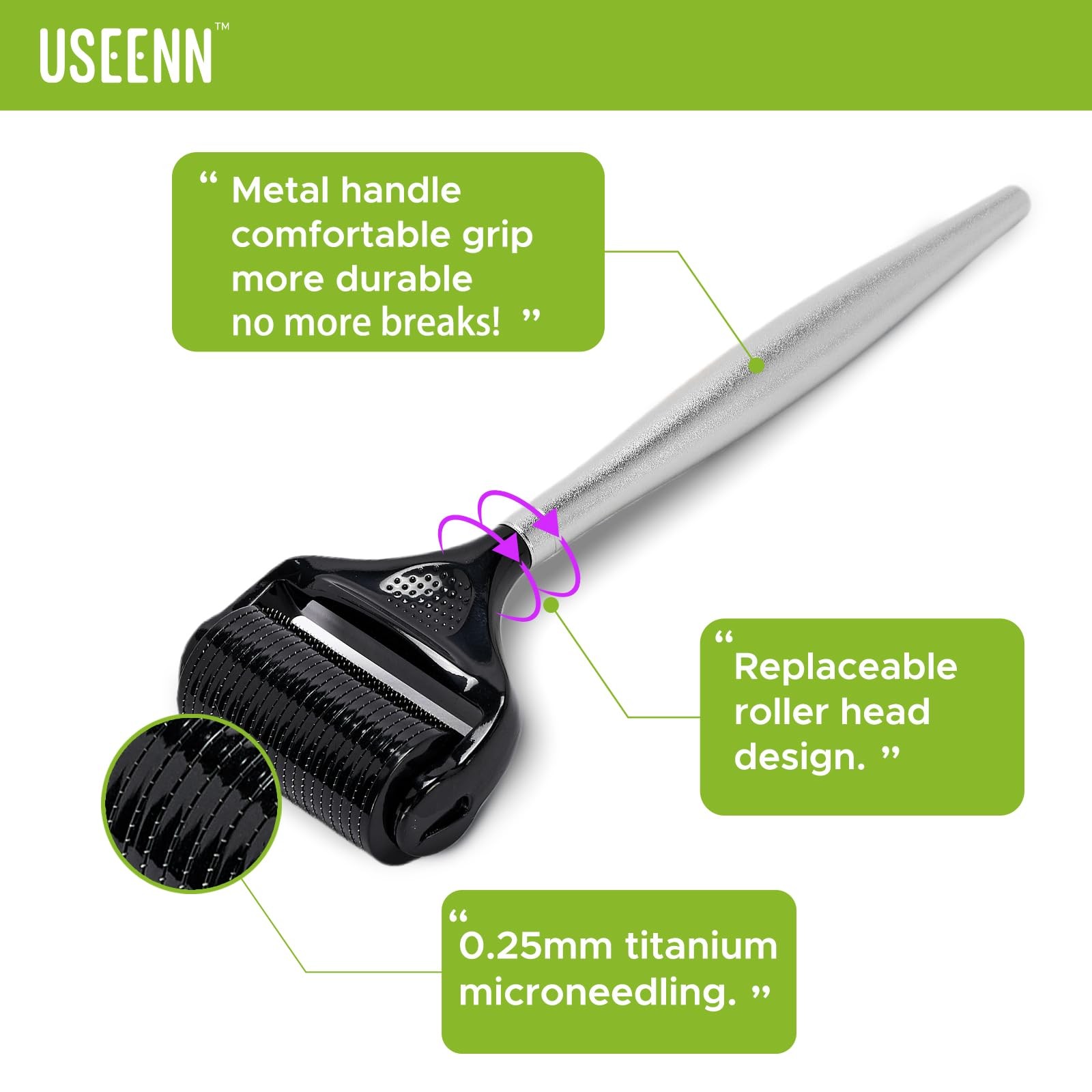 USEENN Ultra Wide Titanium Derma Roller for Face Hair Beard Black & Silver