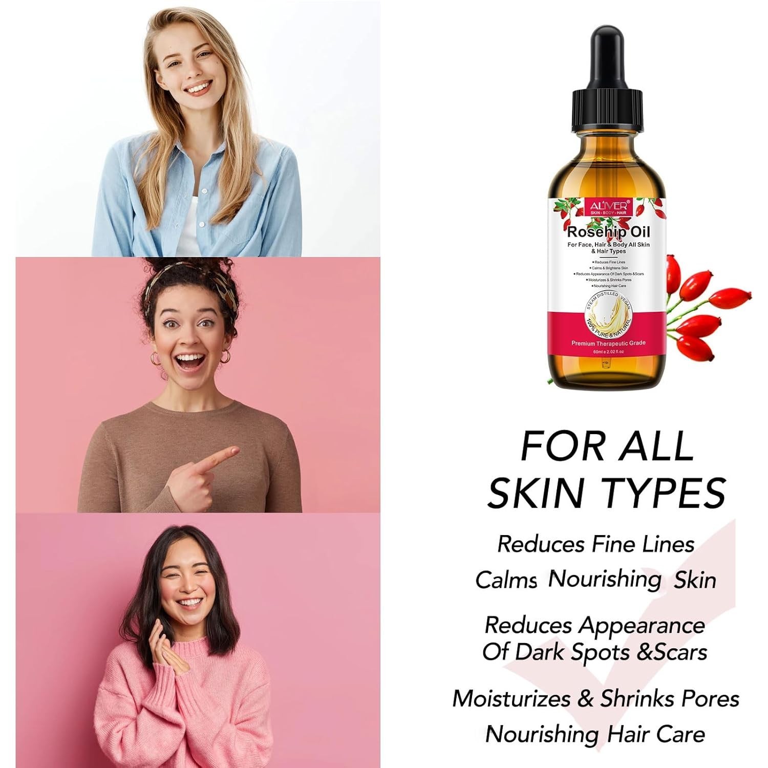 Rosehip Oil for Face, Rose Hip Oil Organic Rosehip Seed Oil 100% Pure Cold