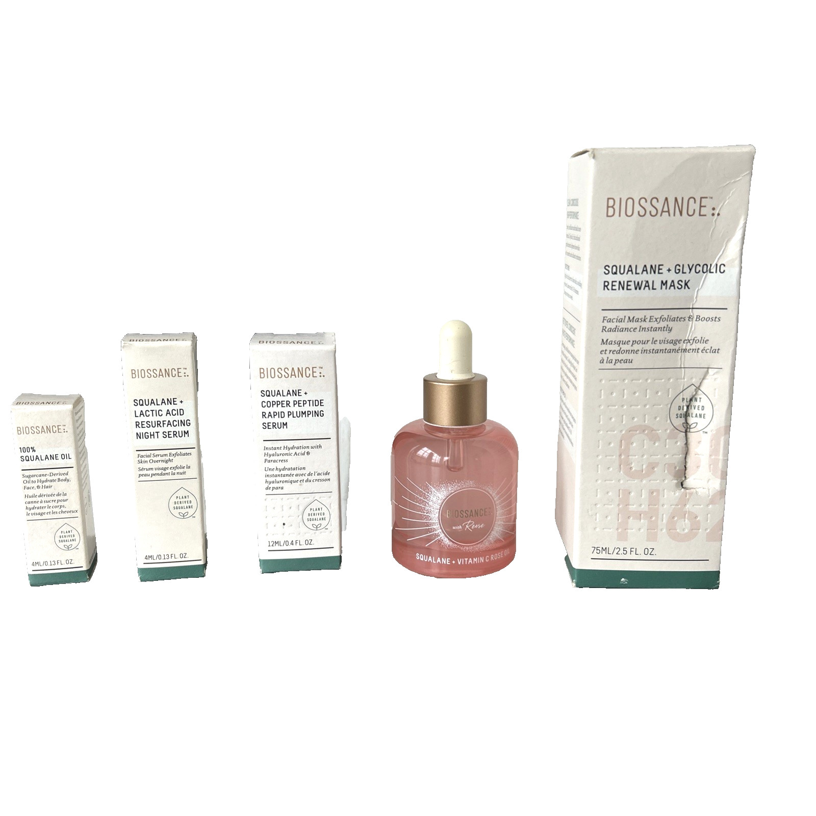 Biossance Squalane Bundle 5pcs Full Sz Mask & Vitamin C Rose Oil + 3 Travel Size