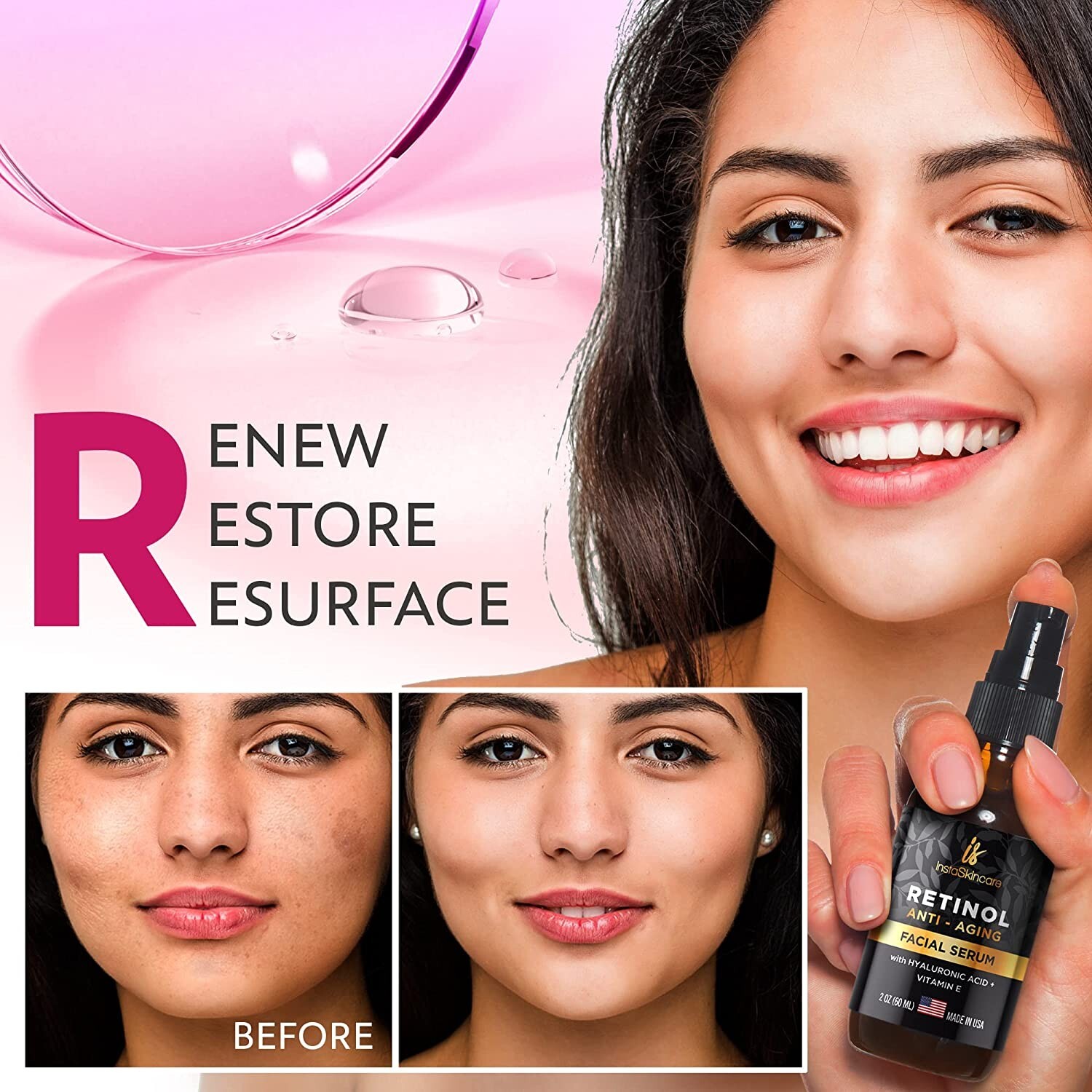 Retinol Serum For Face Anti Aging + Hyaluronic Acid Vitamin A E Aloe Vera