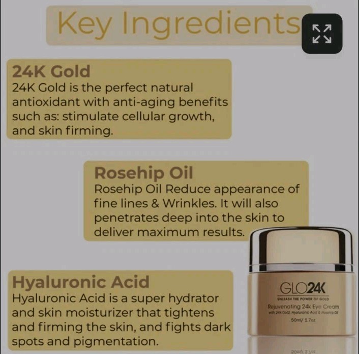 GLO24K ~ GLO 24K, ANTI-AGING, REJUVENATING, GOLD, EYE CREAM Rosehip Oil ~ 1.7 OZ