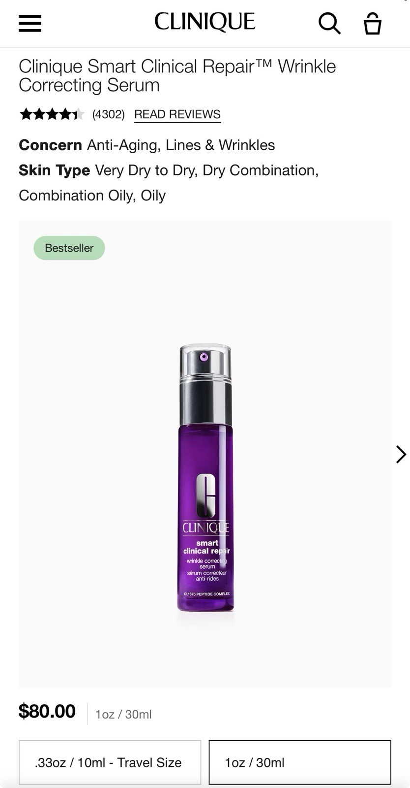 Clinique Smart Clinical Repair Wrinkle Correcting Serum 1oz (30ml) *New In Box*