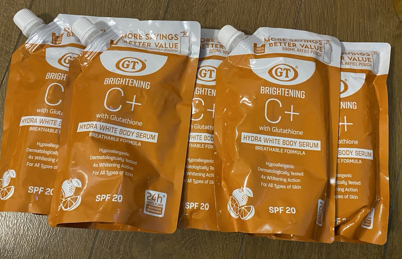 4Packs GT Brightening C+ HYDRA WHITE BODY SERUM W/GLUTATHION SPF 20 500ml. Each