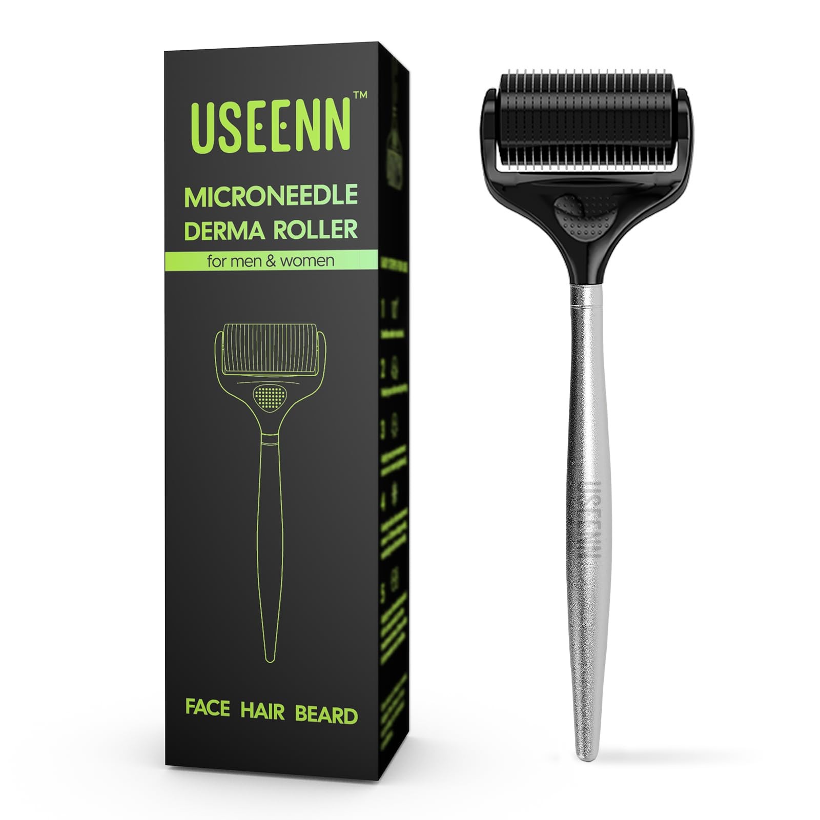 USEENN Ultra Wide Titanium Derma Roller for Face Hair Beard Black & Silver