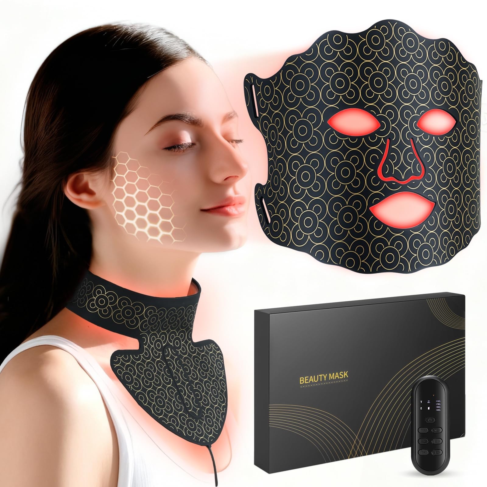 LED Light Therapy Mask for Face & Neck, 7 Color Rechargeable, Adjustable Brightn