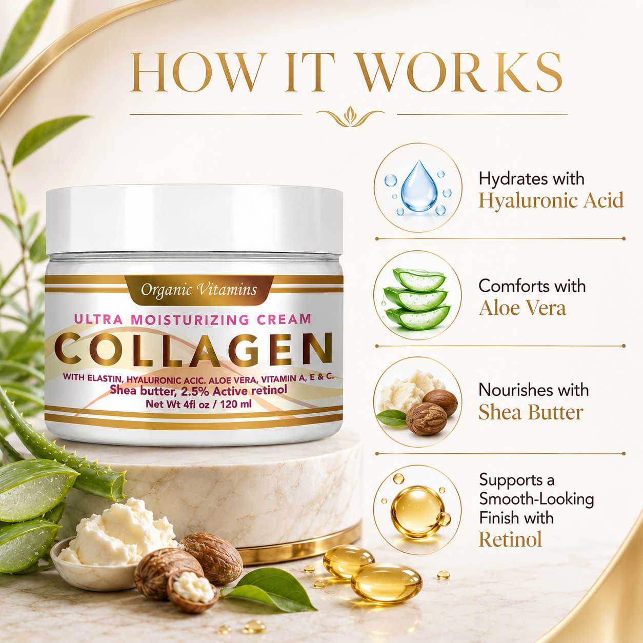 Collagen Elastin Cream Antioxidant Vitamin E , A & Shea Butter – 4oz free shipp