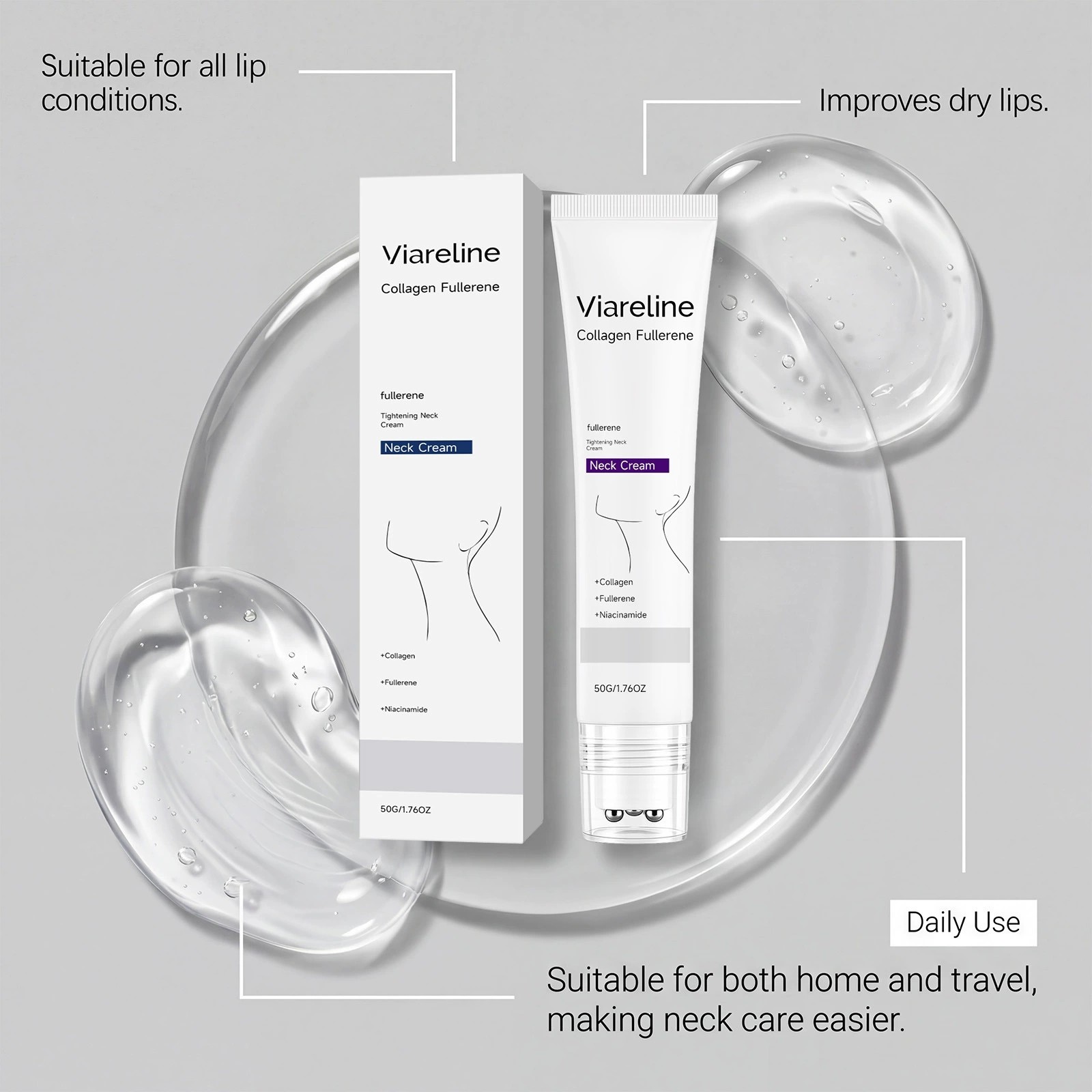 1-3PCS Collagen Fullerene Neck Cream Firming Tightening with Roller 50g 🔥US