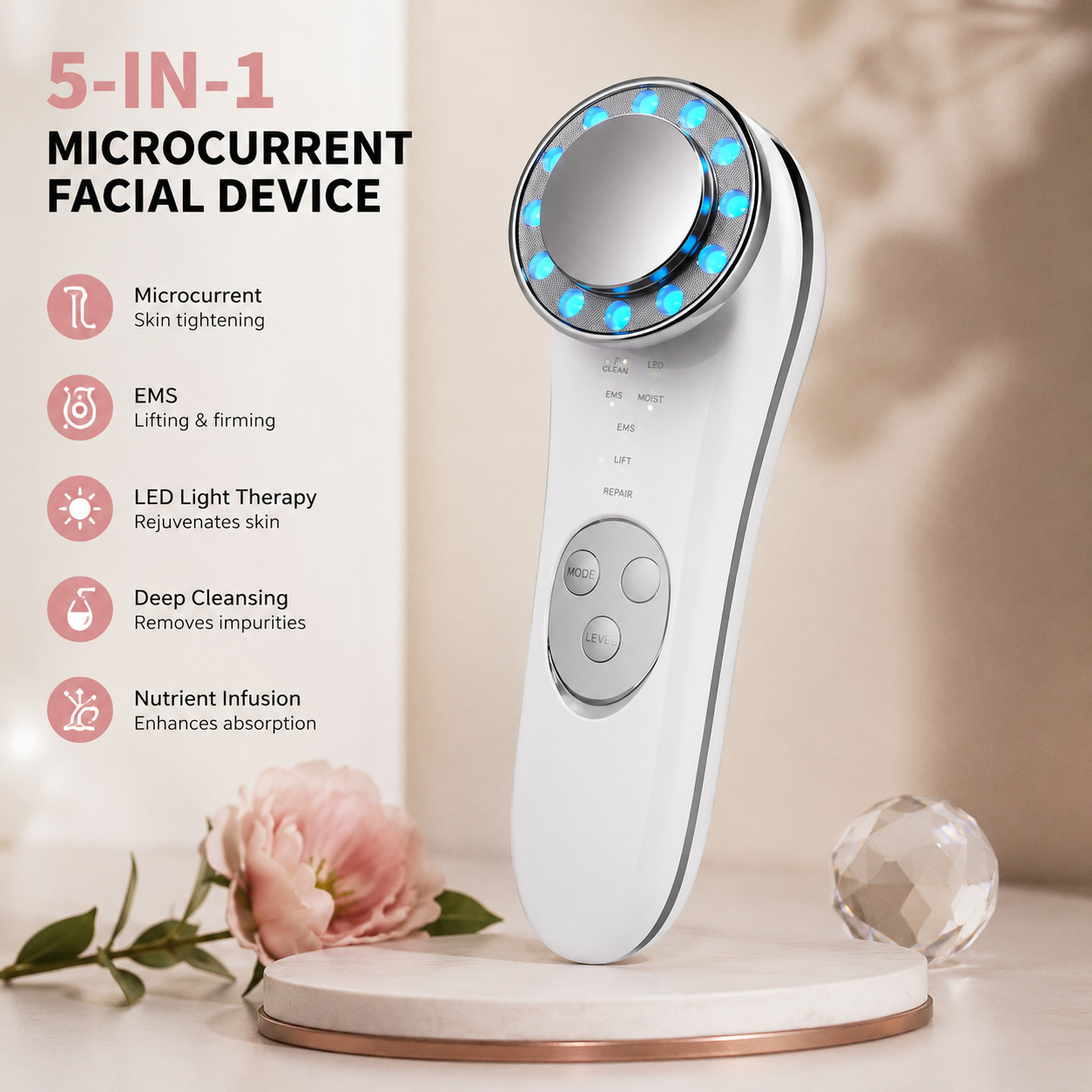 Microcurrent Facial Device 5-in-1 Face Massager Skin Tightening Lifting Tool