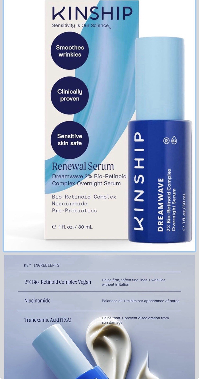 KINSHIP Dreamwave Renewal Serum 2% Bio-Retinoid TXA Niacinamide 1 fl oz