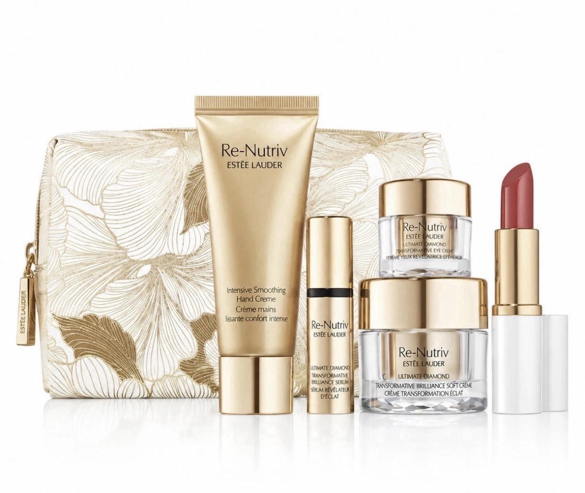 ESTEE LAUDER 6 PCS GIFT SET RE-NUTRIV ULTIMATE DIAMOND SKINCARE/LIPSTICK/POUCH