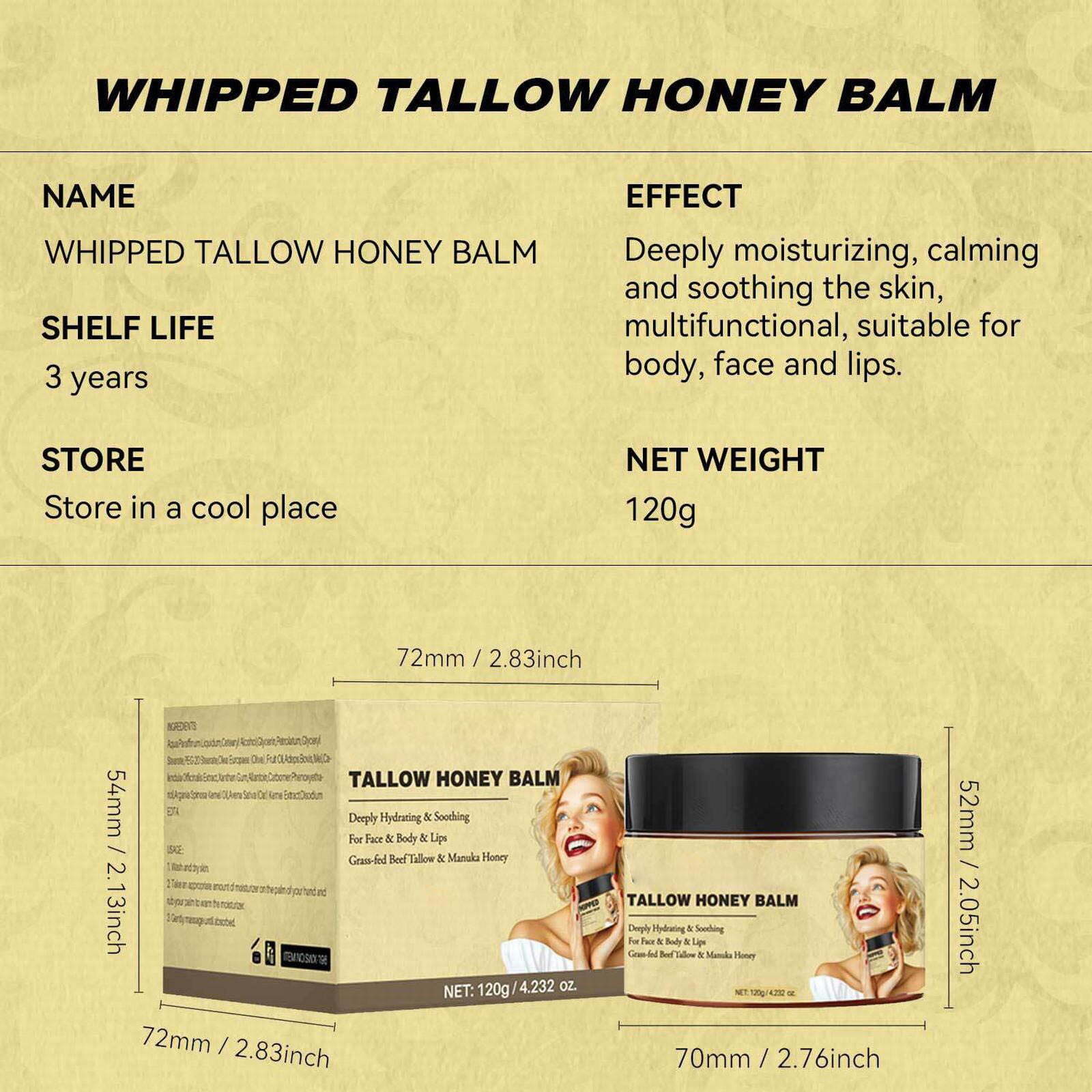 Whipped Beef Tallow and Manuka Honey Balm 4 Oz, Unscented, Grass Fed & Finished