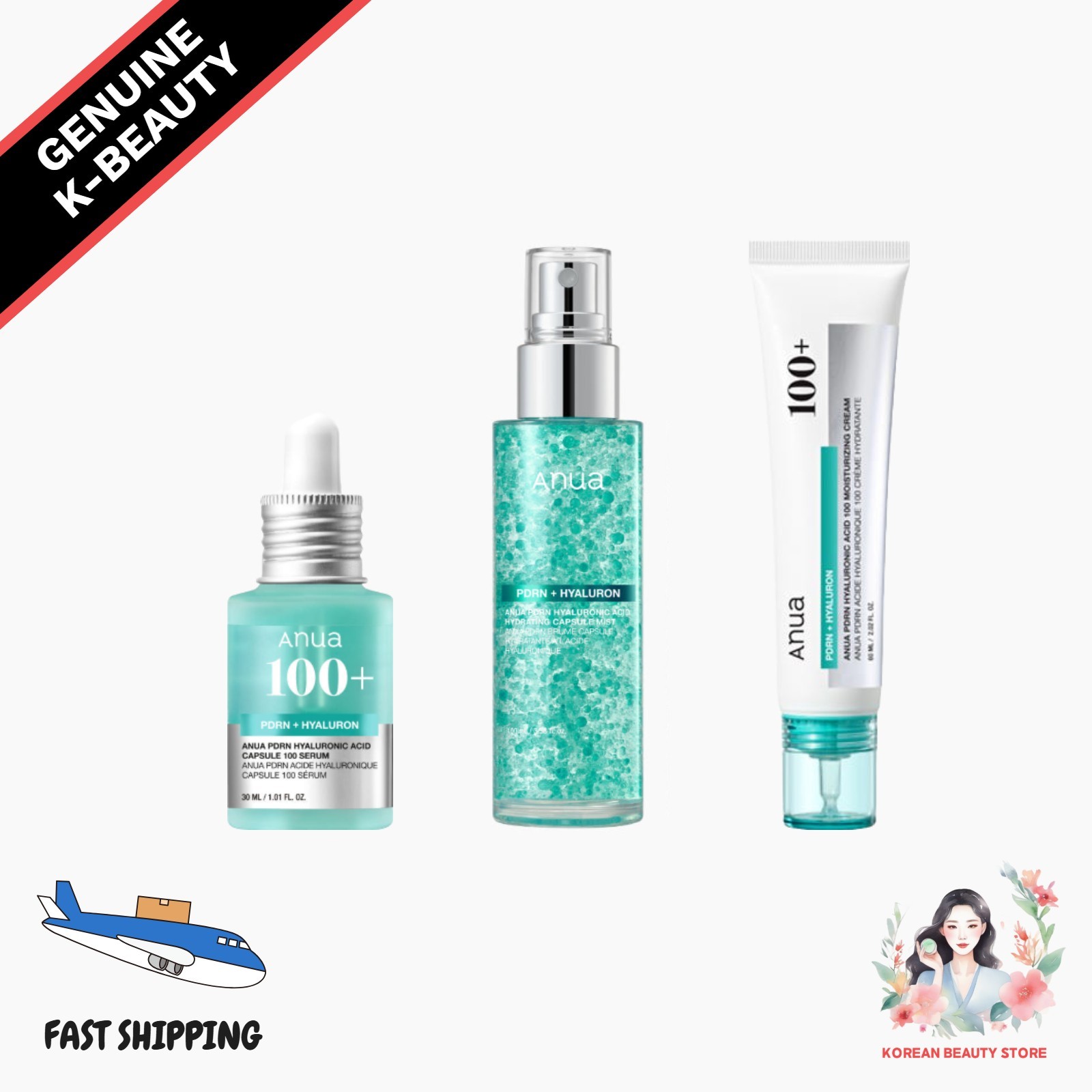 Anua PDRN 3pc Set Mist 100ml Serum 30ml Cream 60ml Hydrating Glow