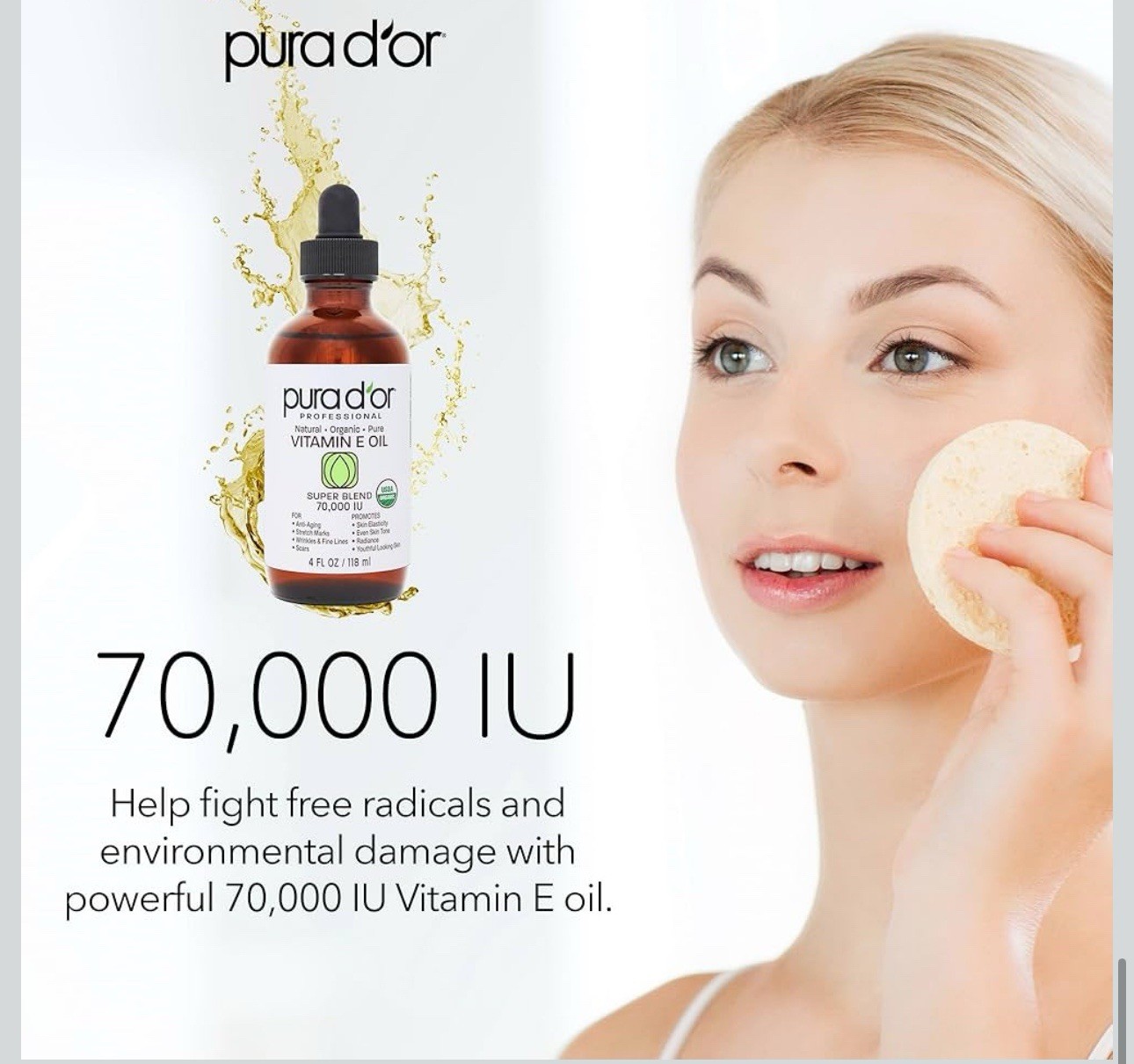 PURA D’OR Dor Organic Vitamin E Oil Super Blend 70,000 IU, 4 OZ