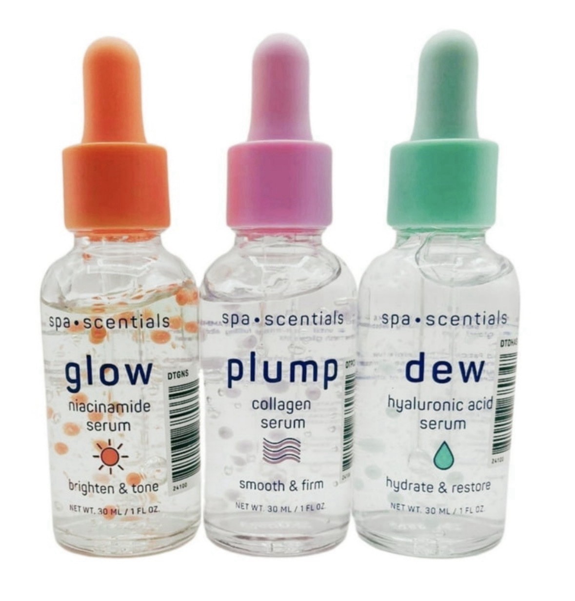 Spa•Scentials Glow•Plump•Dew Facial Serums Full Size Set of 3 Spa Essentials