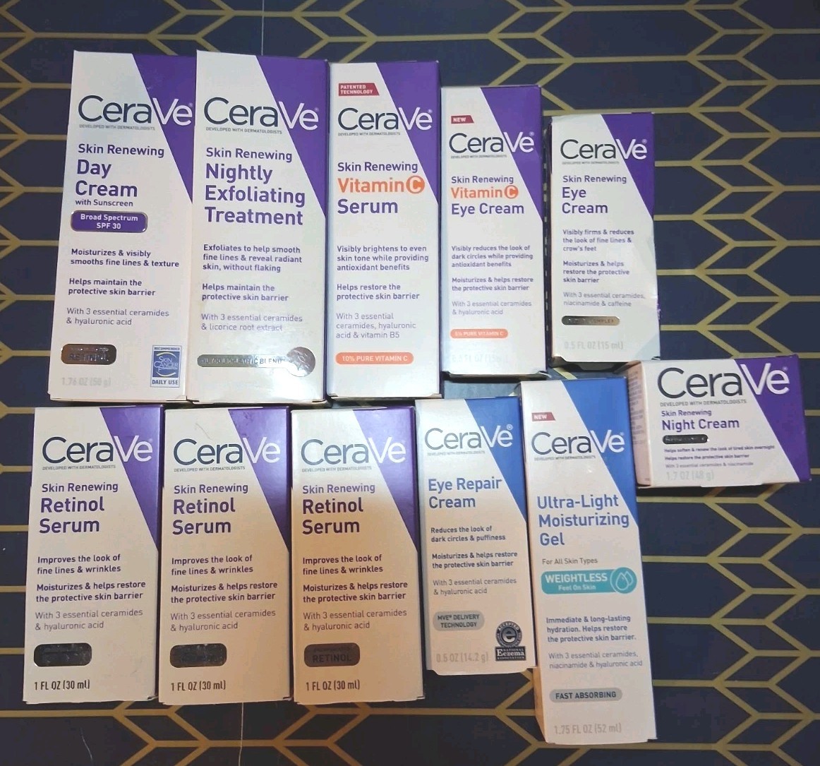 CeraVe Lot Of 11 Skin Renewing Vitamin C Serum+night Cream+eye Cream. Exp11/2028
