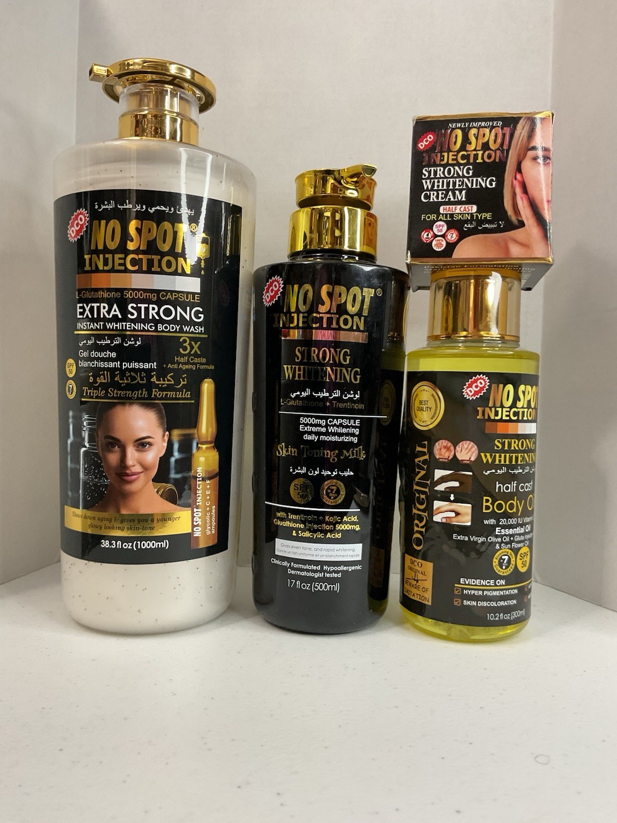 NO SPOT INJECTION Bodywash, Lotion, Face cream & Oil 4-piece Combo