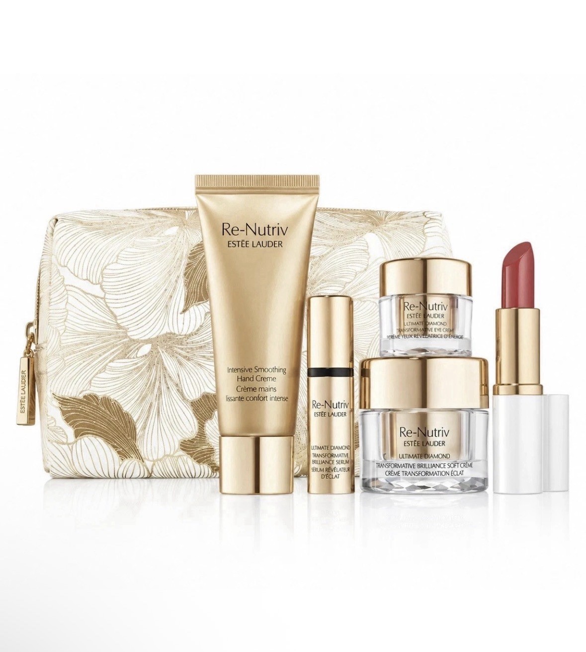 ESTEE LAUDER 6 PCS GIFT SET RE-NUTRIV ULTIMATE DIAMOND SKINCARE/LIPSTICK/POUCH