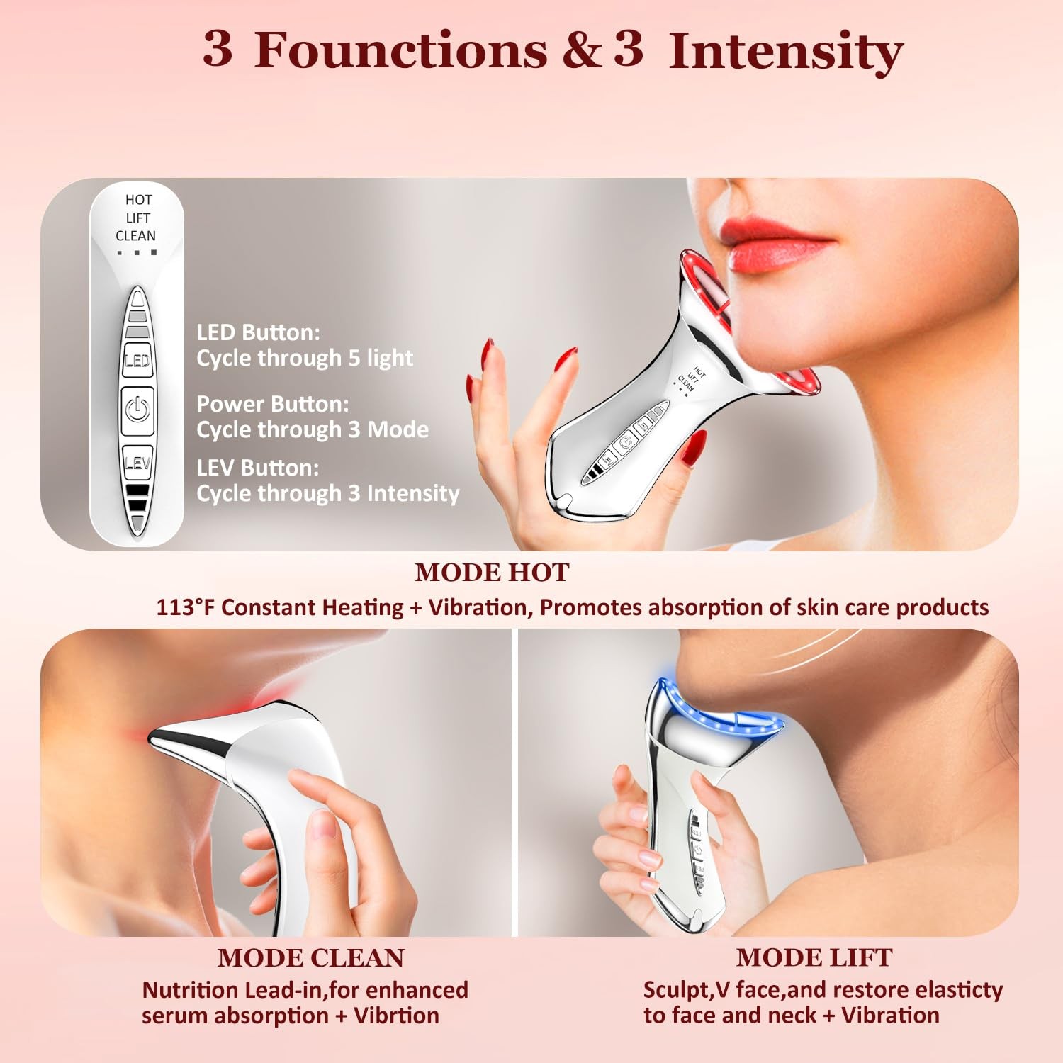 Face & Neck Beauty Device – Adjustable Vibration Modes Facial Massager 7 Color