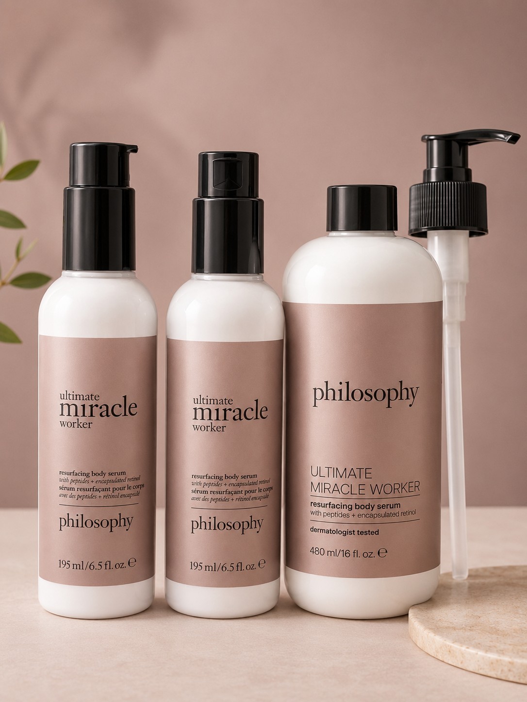 Philosophy Ultimate Miracle Worker Body Serum Set 16 oz w/ Pump + (2) 6.5 oz