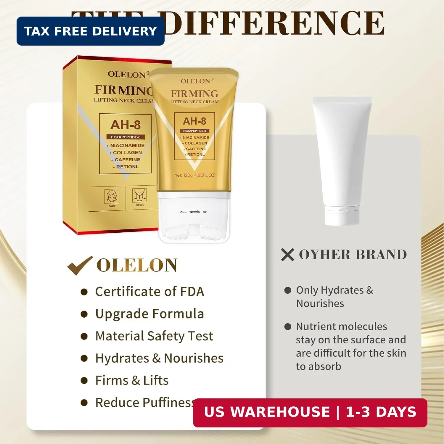 OLELON [2026 Upgrade] AH8 Firming Neck Cream with Roller – Tightening & Lifting