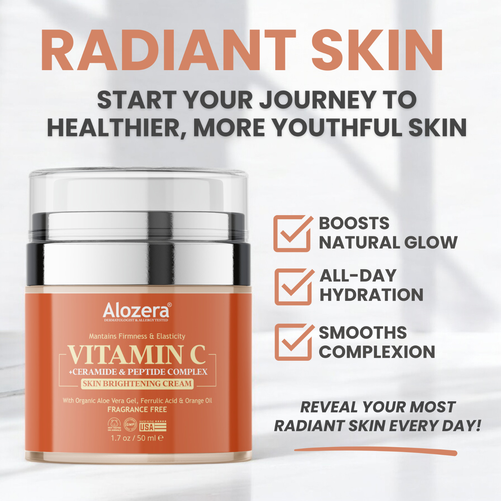 Alozera Vitamin C Face Cream – Brightens, Hydrates & Firms, 1.7 oz
