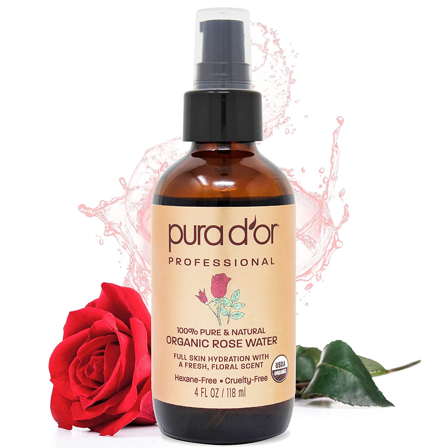 PURA D’OR Dor Organic Rose Water Toner 100% Pure for Anti-Aging Skin & Hair, 4oz