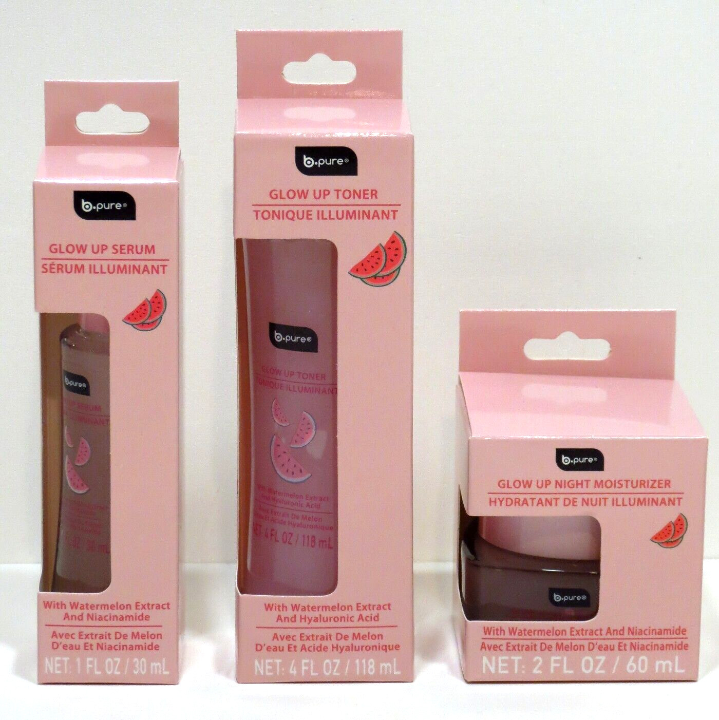 New B Pure Glow Up Recipe Set Of 3 Watermelon Toner Serum Night Moisturizer