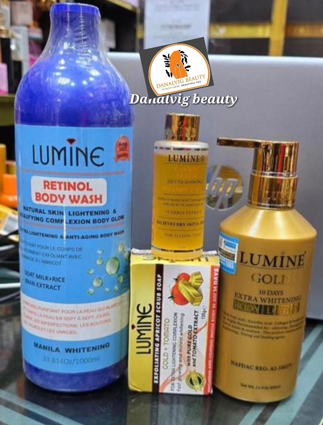 4pcs Set; Lumine Gold Body Lotion, Retinol Shower Gel & Serum 💯 Satisfaction 👌