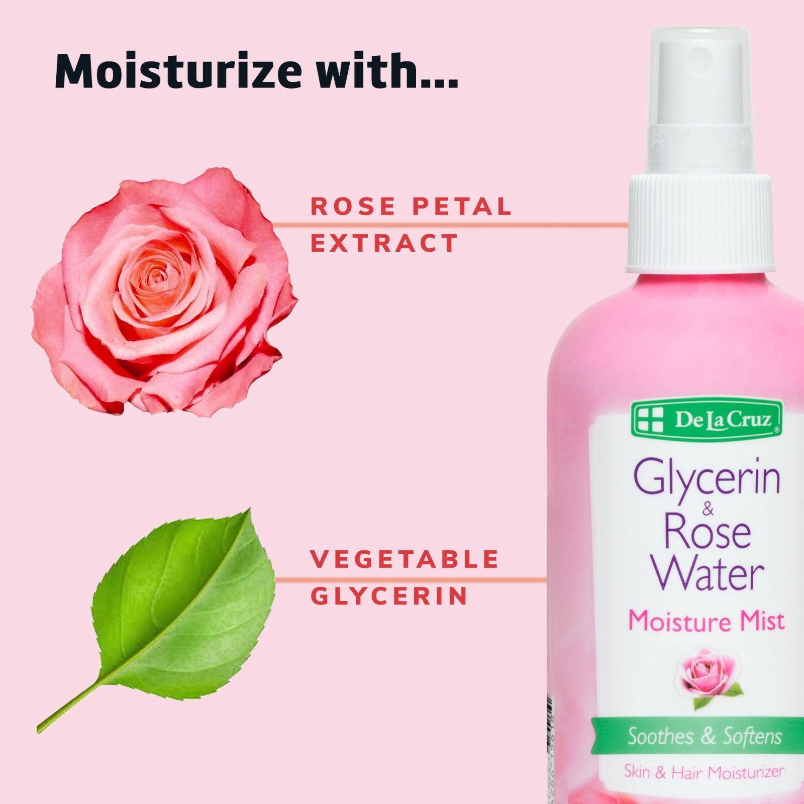 De La Cruz Glycerin & Rose Water Skin SPRAY and Refill Bottle 8 OZ (2 ITEMS!)
