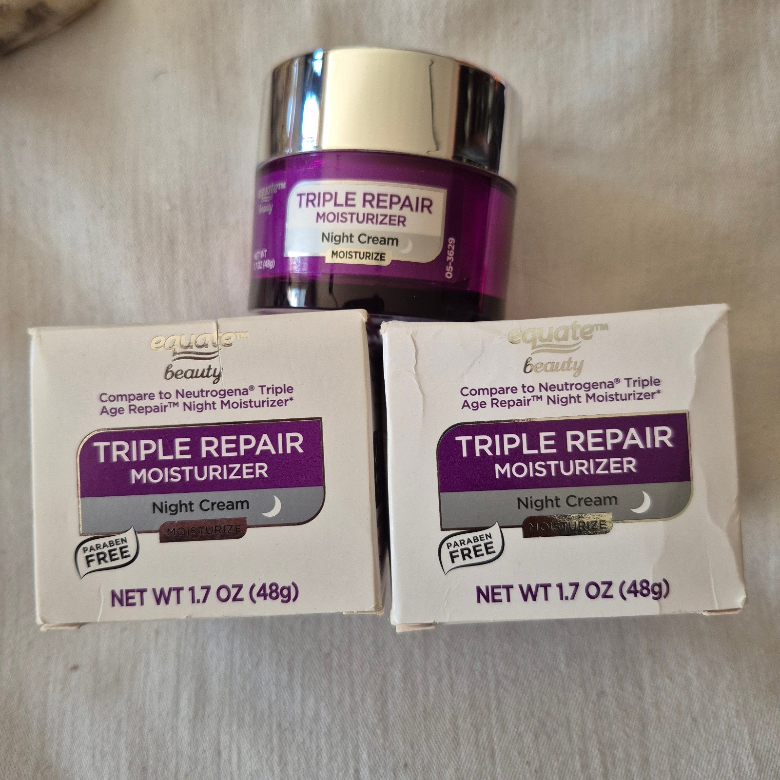 2 NEW Equate Beauty Triple Repair Moisturizer Night Cream 1.7oz Each