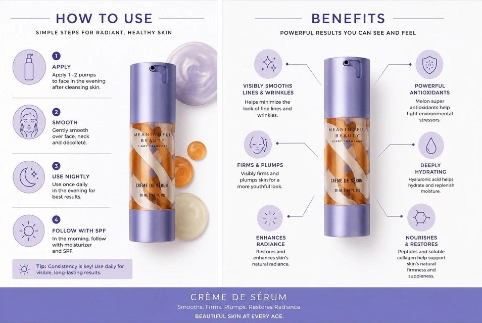 NEW MEANINGFUL BEAUTY CINDY CRAWFORD 2 in 1 Crème De Serum 2 PK, 1 Fl Oz Each