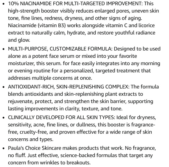 Paula’s Choice 10% Niacinamide Booster Face Serum For All Skin Types B3 B5 Vit C