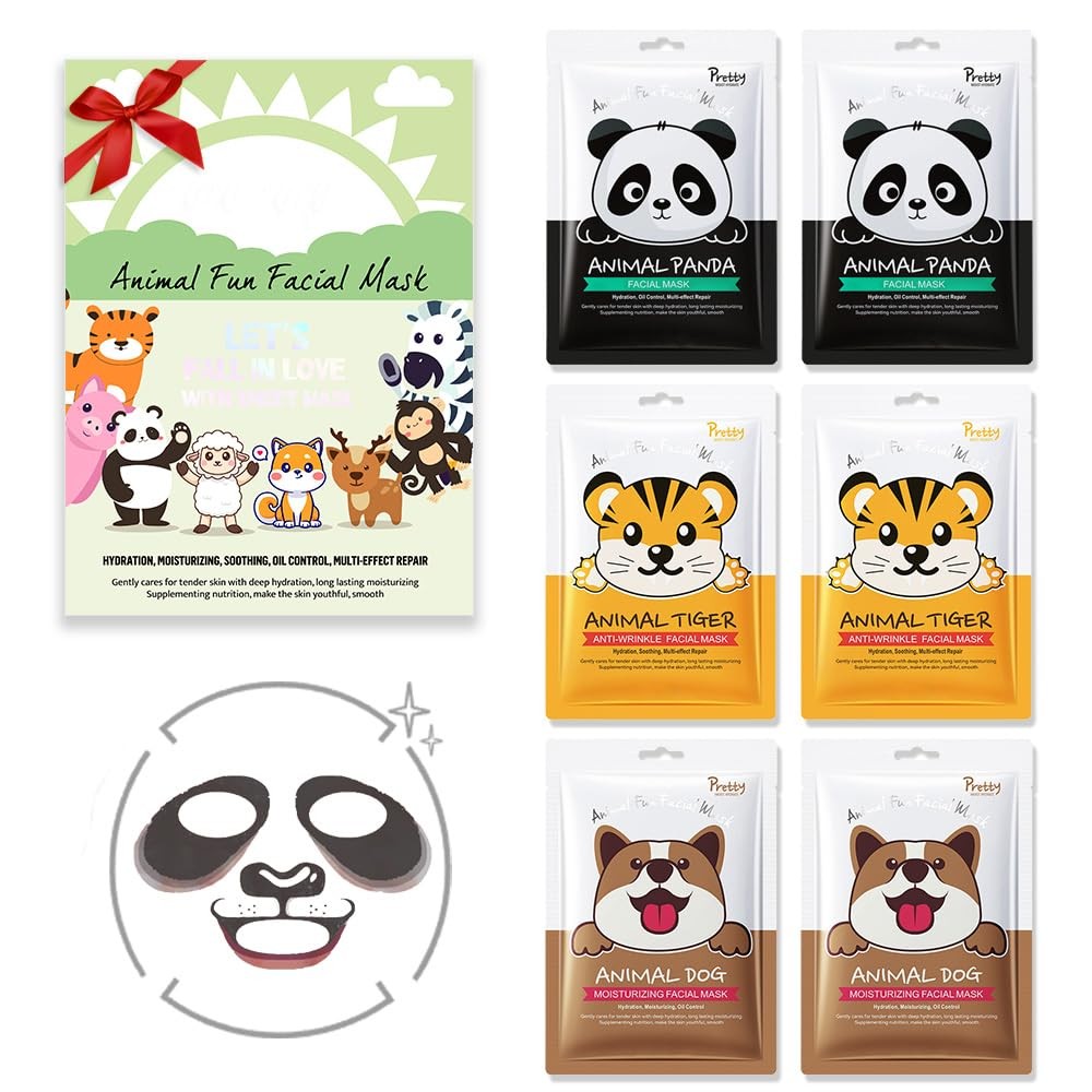 Animal Sheet Face Masks Hydrating Soothing 6Pac Skincare Spa Party Sleepover Use