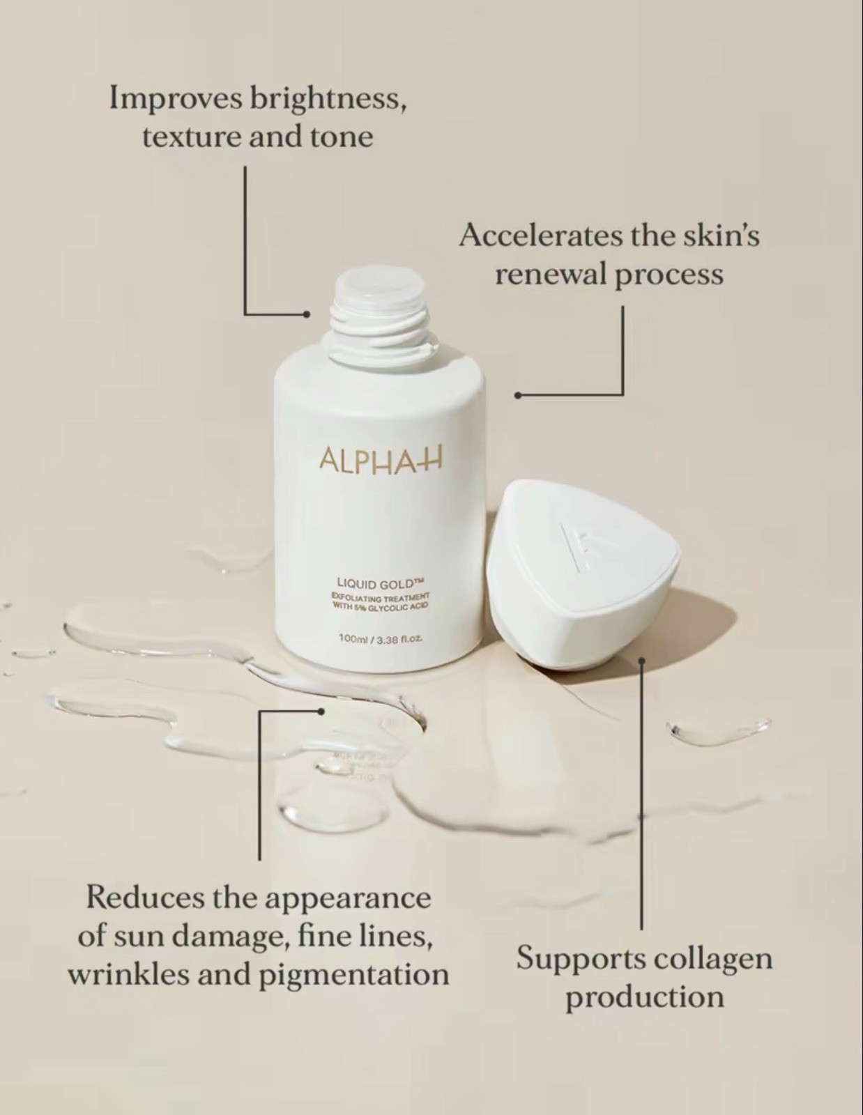 Alpha-H Liquid Gold Exfoliating Treatment 5% Glycolic Acid Brighten, 3.38fl Oz
