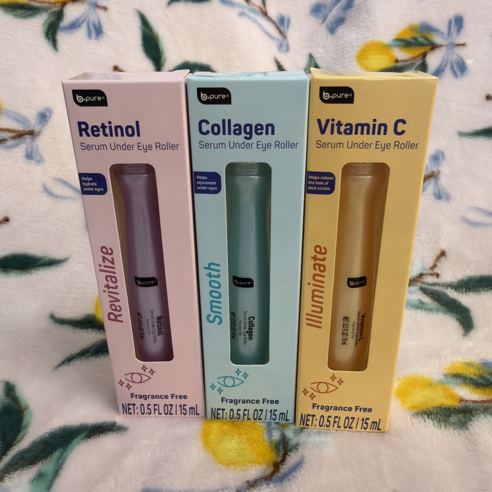 b.pure Under Eye Serum Roller Set of 3 Retinol Vitamin C Collagen Fragrance Free