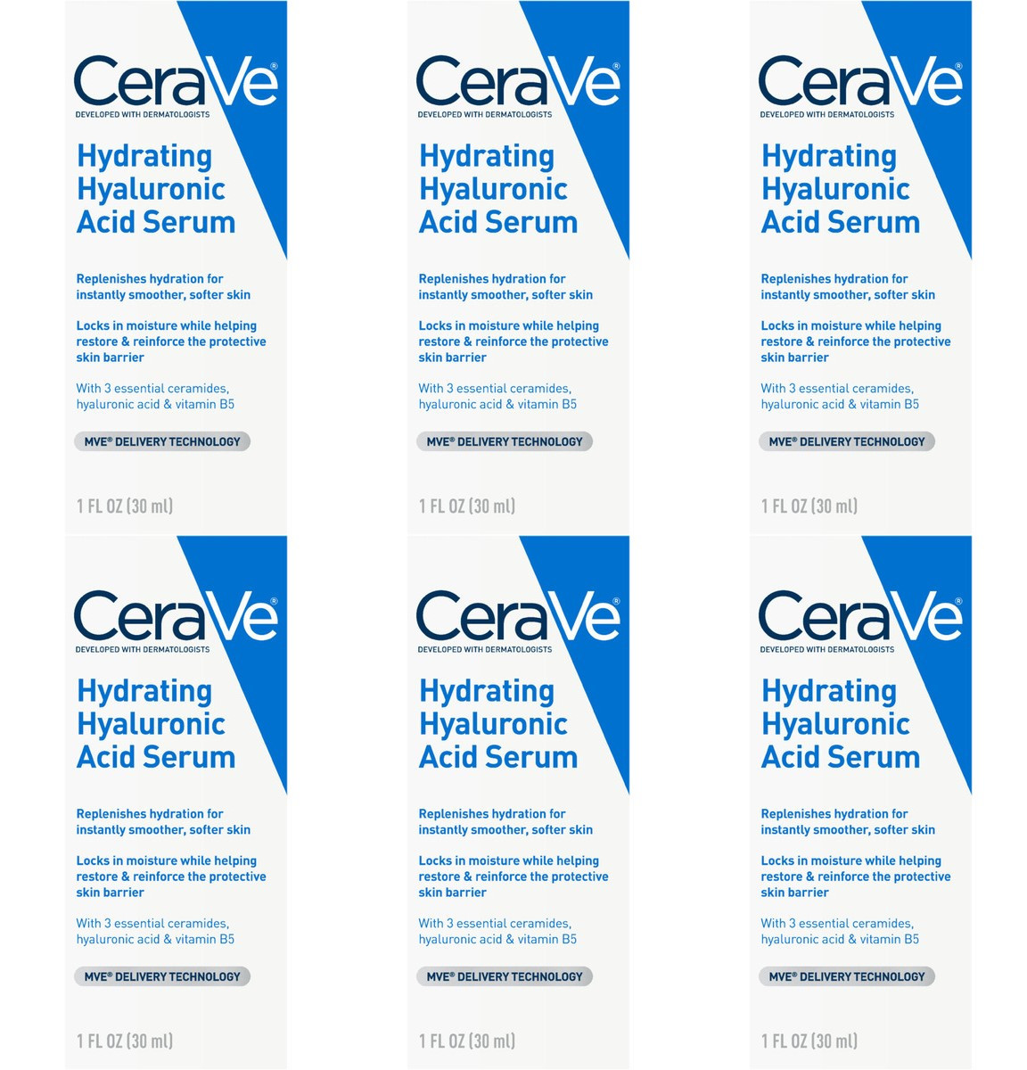 CeraVe Hyaluronic Acid Serum Value Pack 6 Bottles 1oz Each Hydrating Face Care