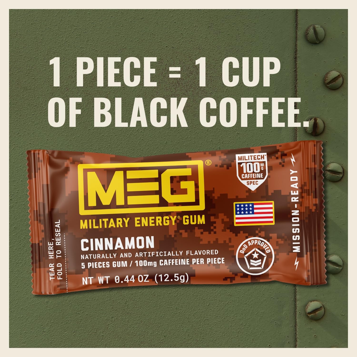 Energy Gum Cinnamon Caffeine Military Specification Formula 5 Pieces 24 Packs