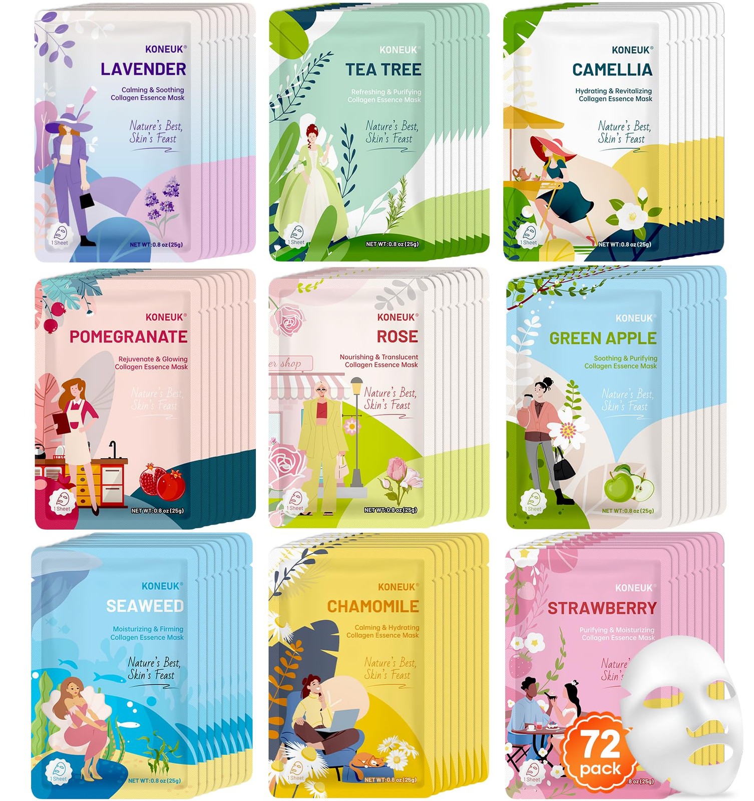 KONEUK 72 Pack Bulk Hydrating Face Masks Skincare, Collagen Sheet Face Mask f…
