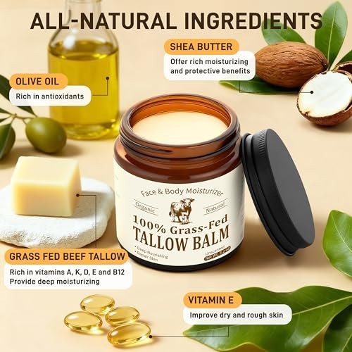 Beef Tallow for Skin & Face, Organic Grass Fed Beef Tallow Balm, Unscented Natur
