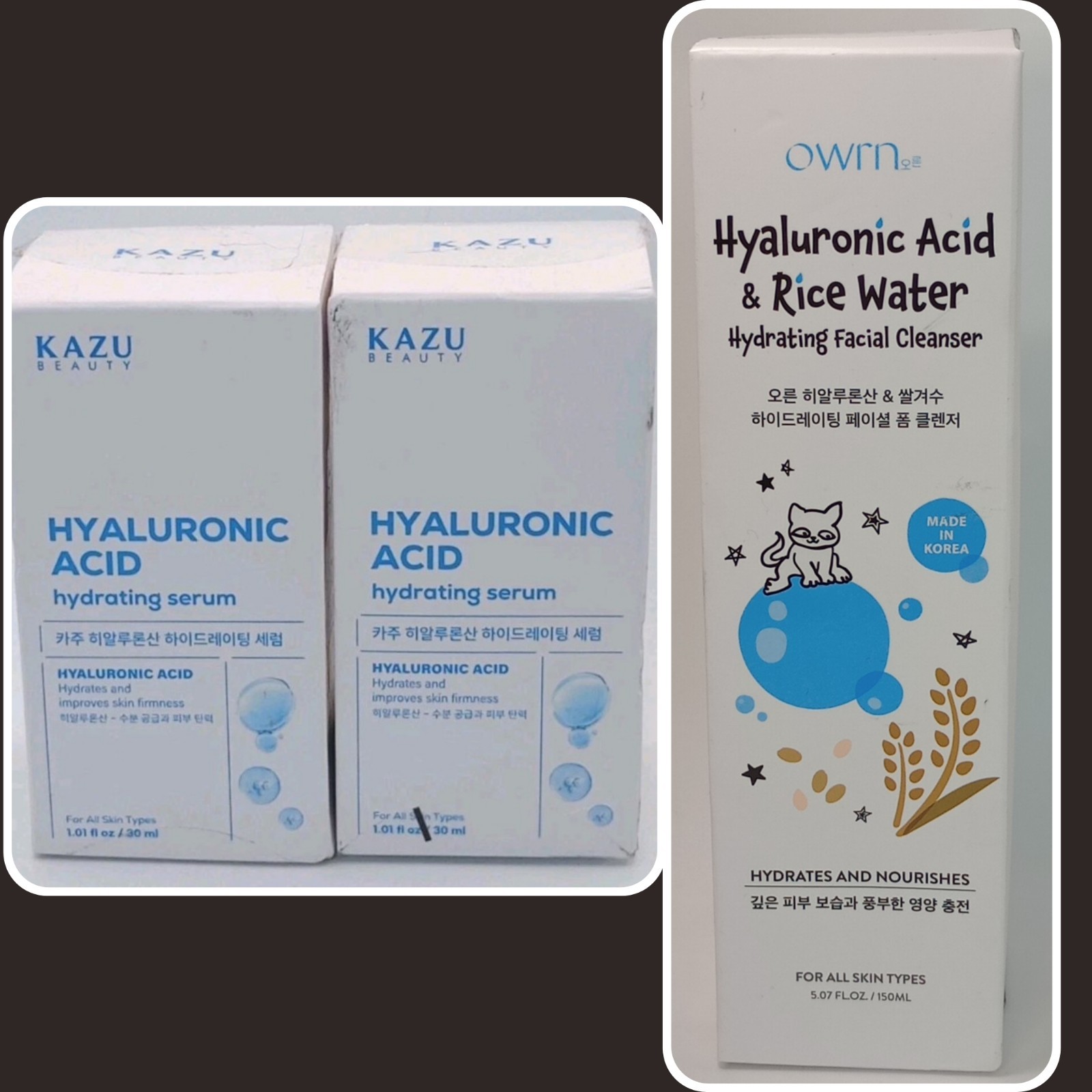 3 PACK LOT Kazu Beauty Hyaluronic Acid Serum & OWRN Rice Water Facial Cleanser