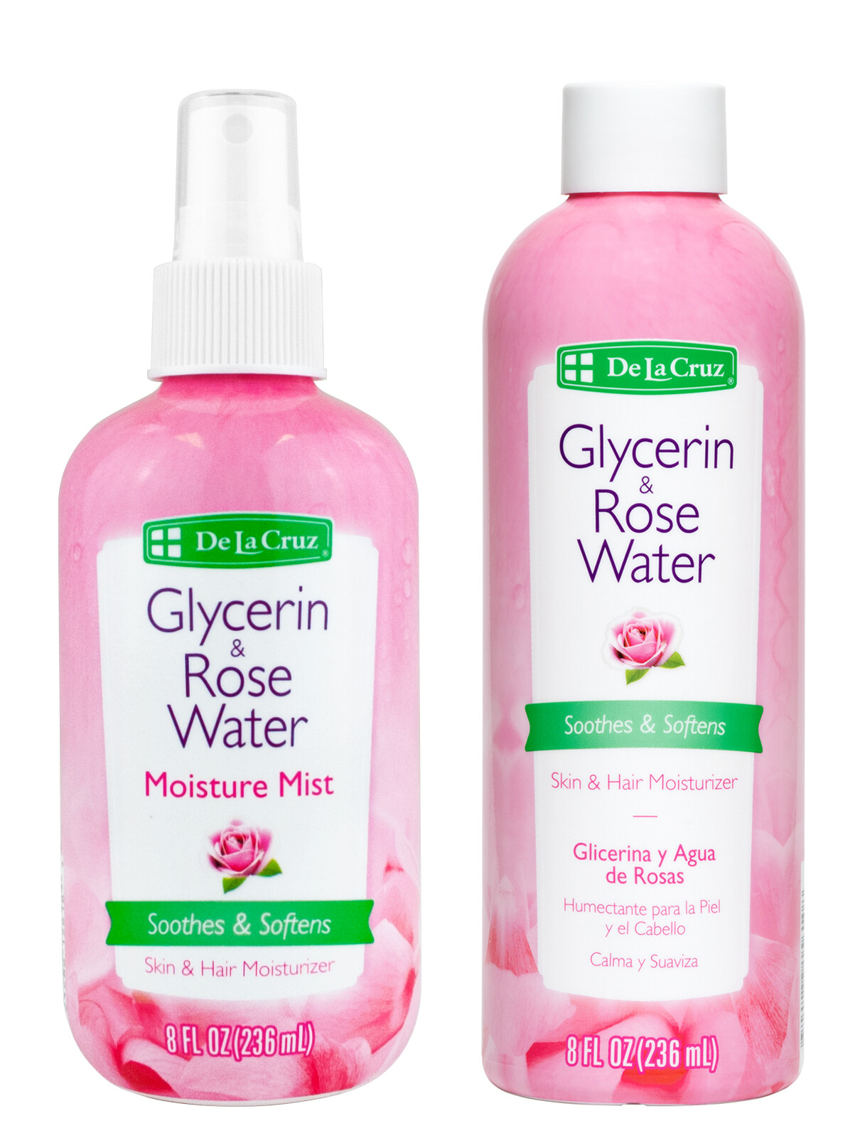 De La Cruz Glycerin & Rose Water Skin SPRAY and Refill Bottle 8 OZ (2 ITEMS!)