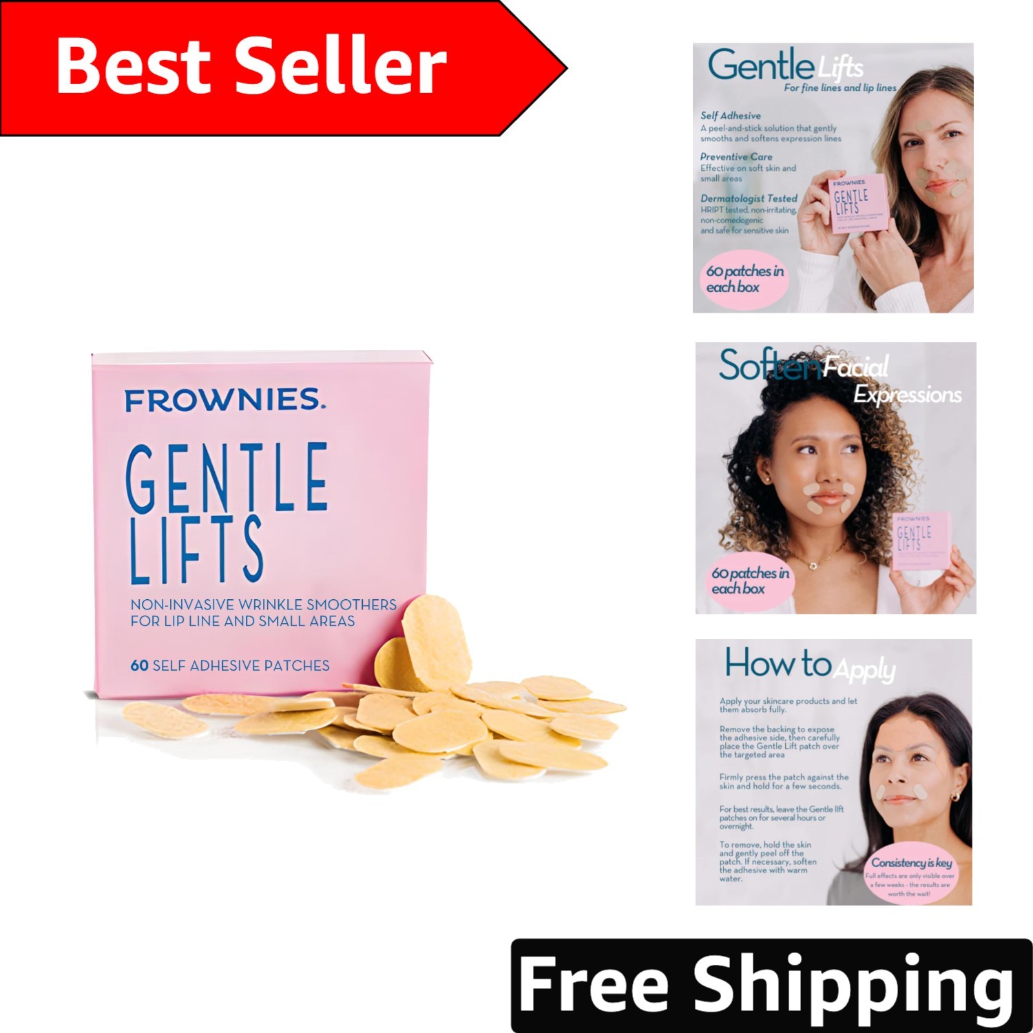 Lip Line Anti-Wrinkle Patches – Hypoallergenic & Easy Overnight Use – 60 Pack