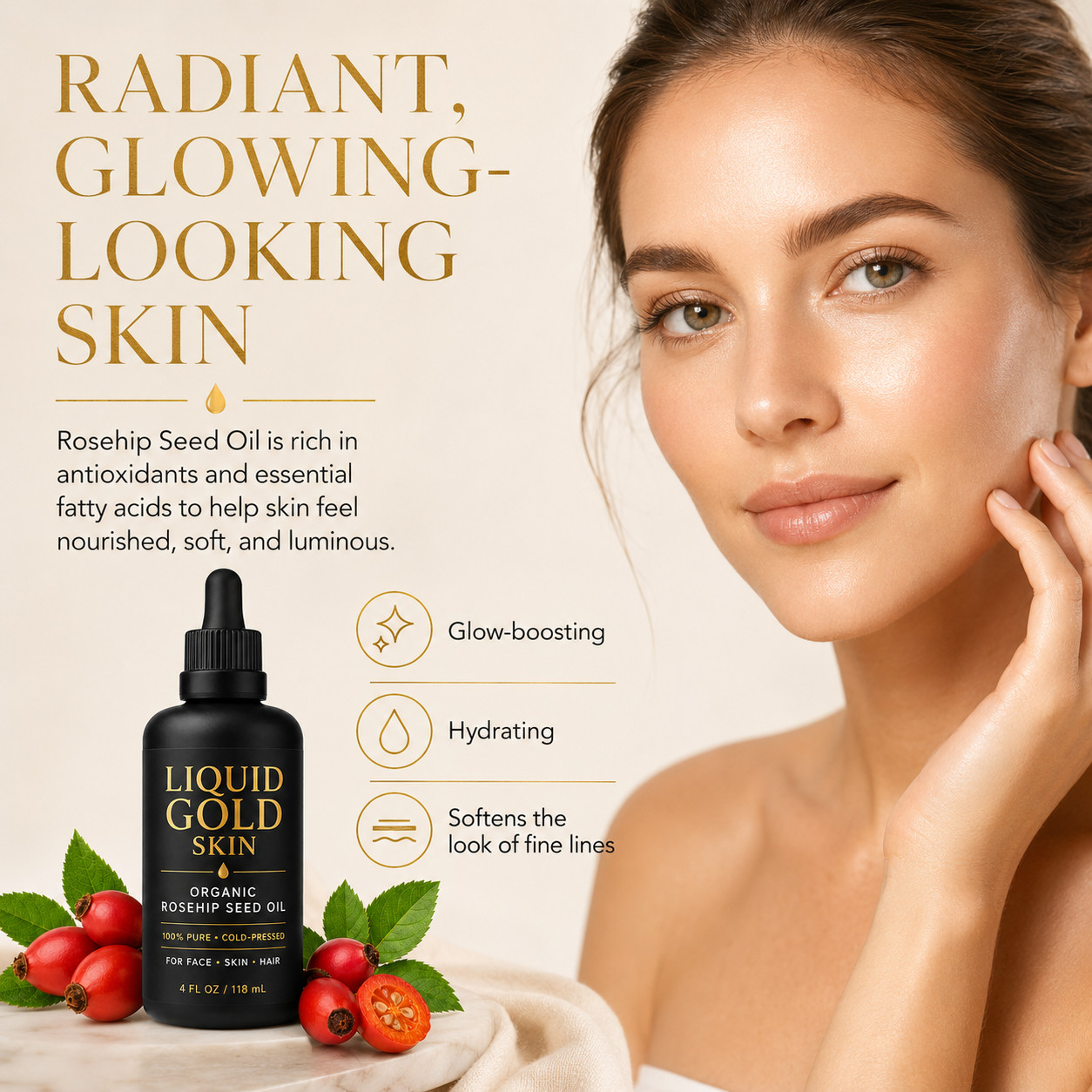 LIQUID GOLD SKIN Organic Rosehip Seed Oil 100% Pure • Face, Skin & Hair