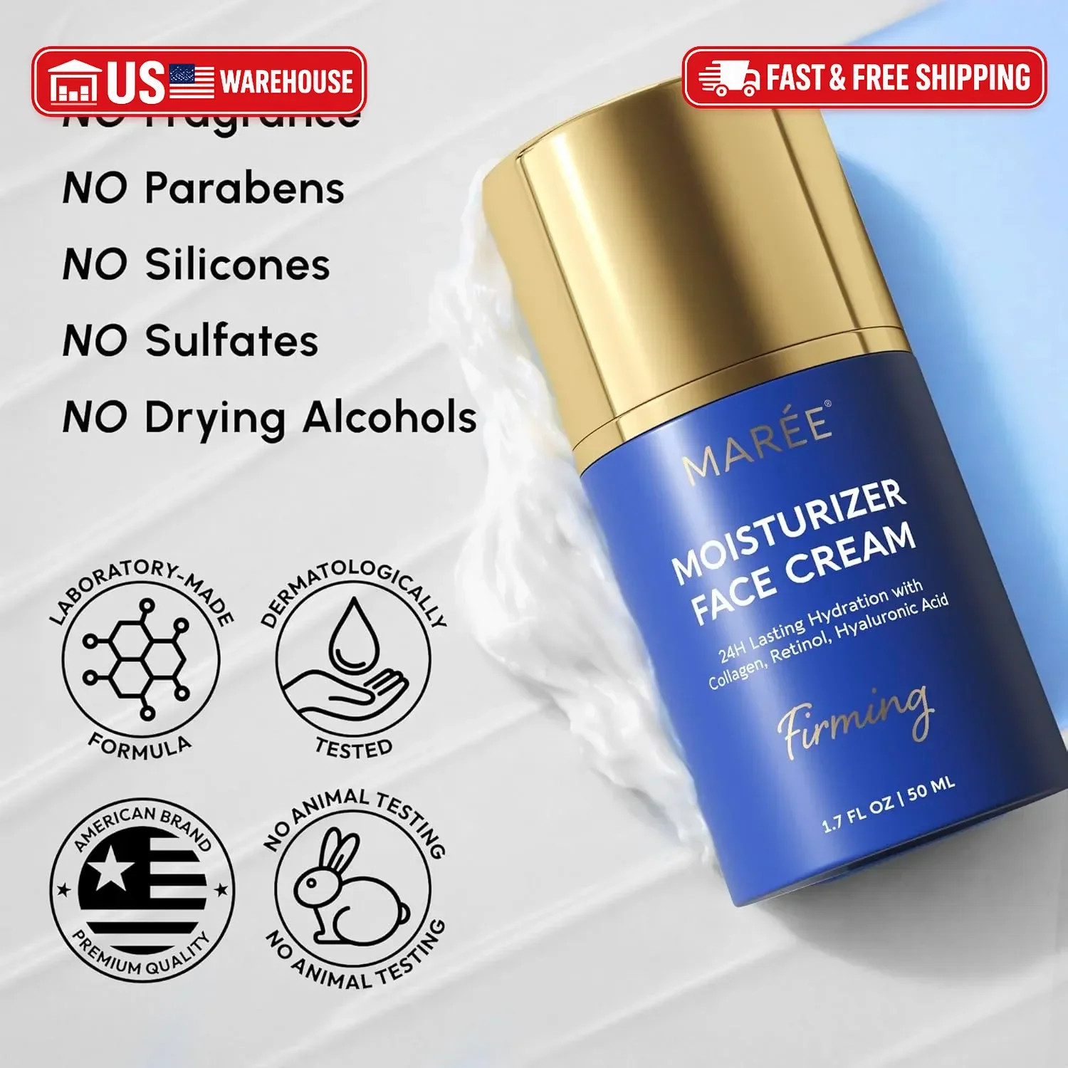 MAREE Face Moisturizer – 24H Hydration Face Cream for Women with Collagen, Retin