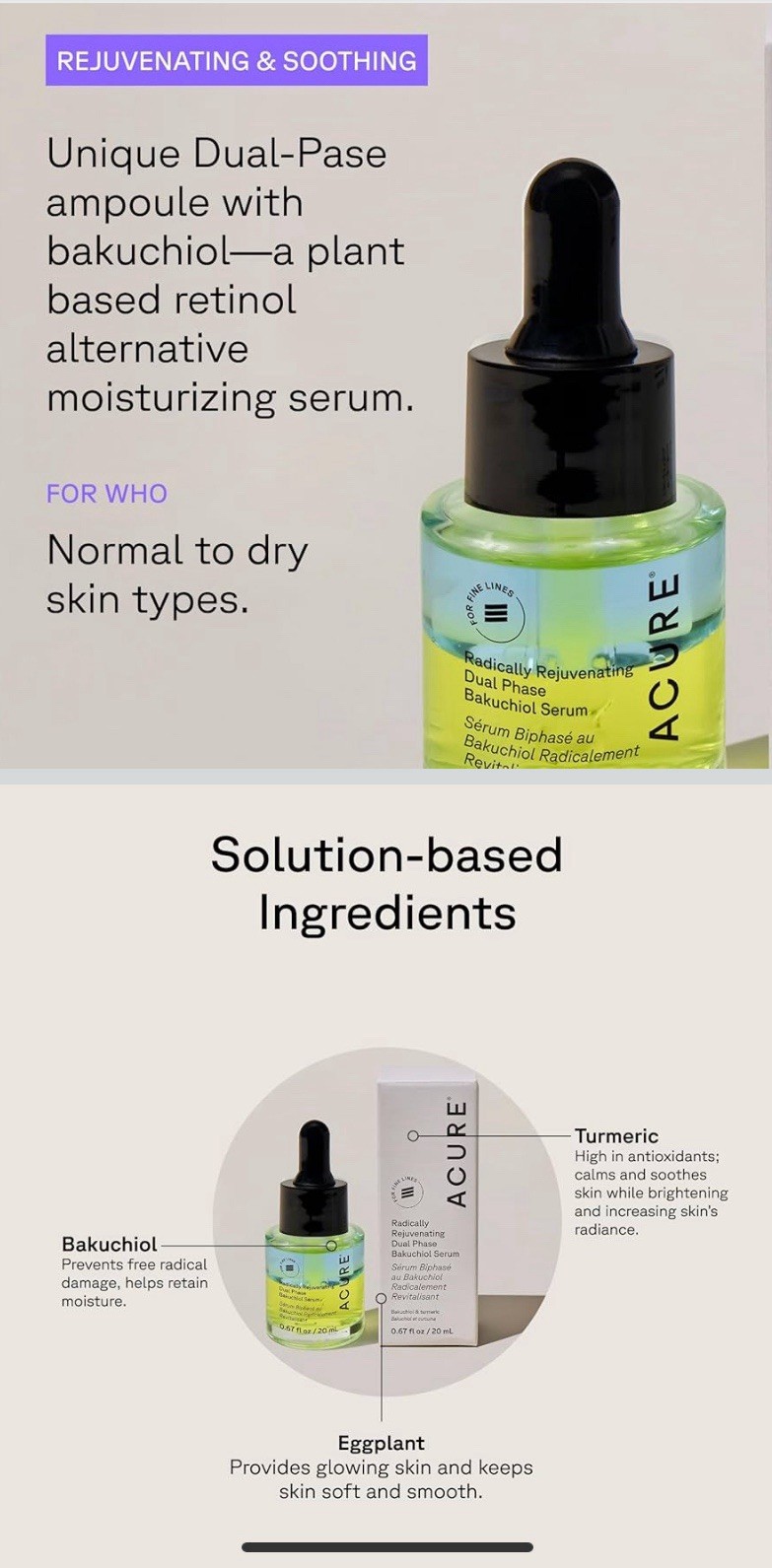 ACURE Radically Rejuvenating Dual Phase Bakuchiol Serum Vegan 0.67 fl oz